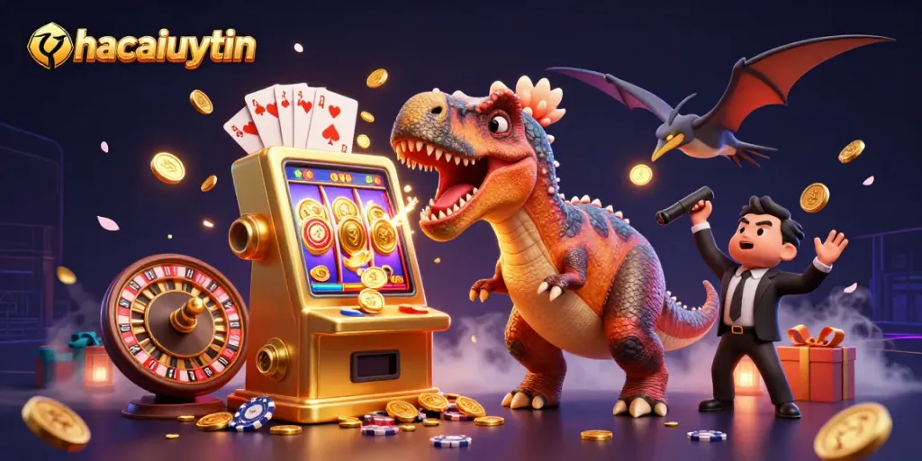 nhacaiuytin slot machine jackpot scene with dinosaurs and casino elements