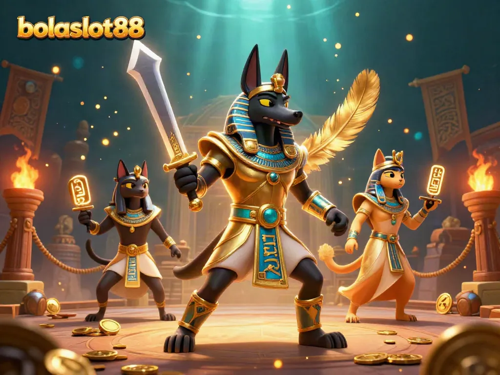 Bolaslot88 showcases a vibrant casino scene with ancient Egyptian themes, Anubis warrior and sacred cat.