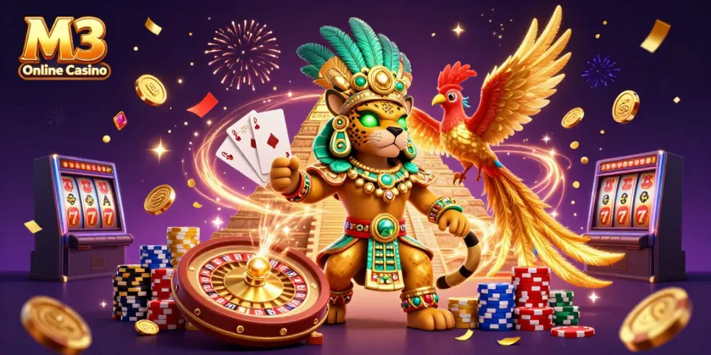 Experience the thrill of M3 Online Casino with vibrant 3D casino elements and characters reimagining excitement.