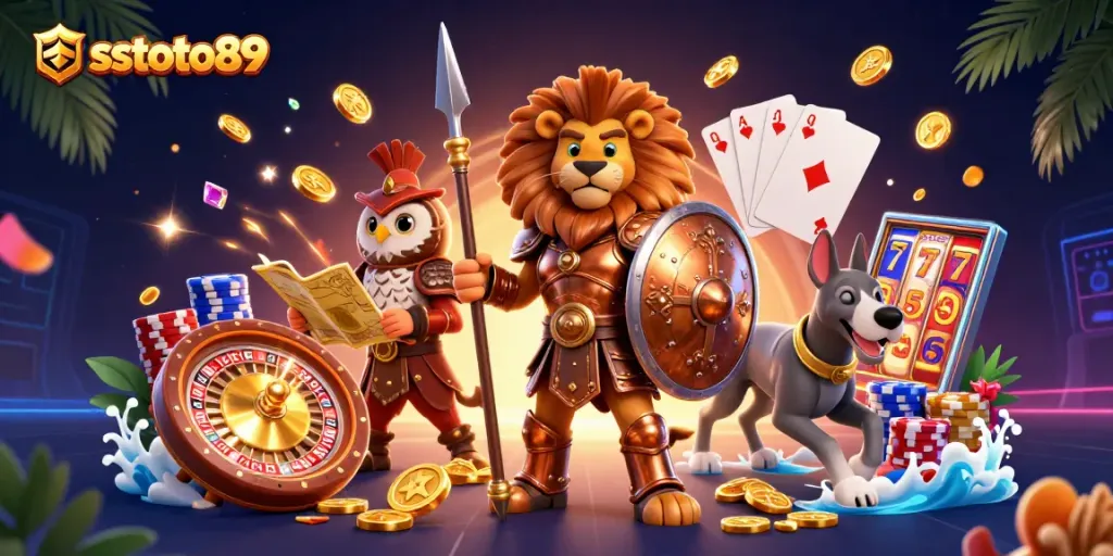 Melihat sstoto89 saat beraksi dengan simbol slot berkilauan dan karakter kasino yang epik