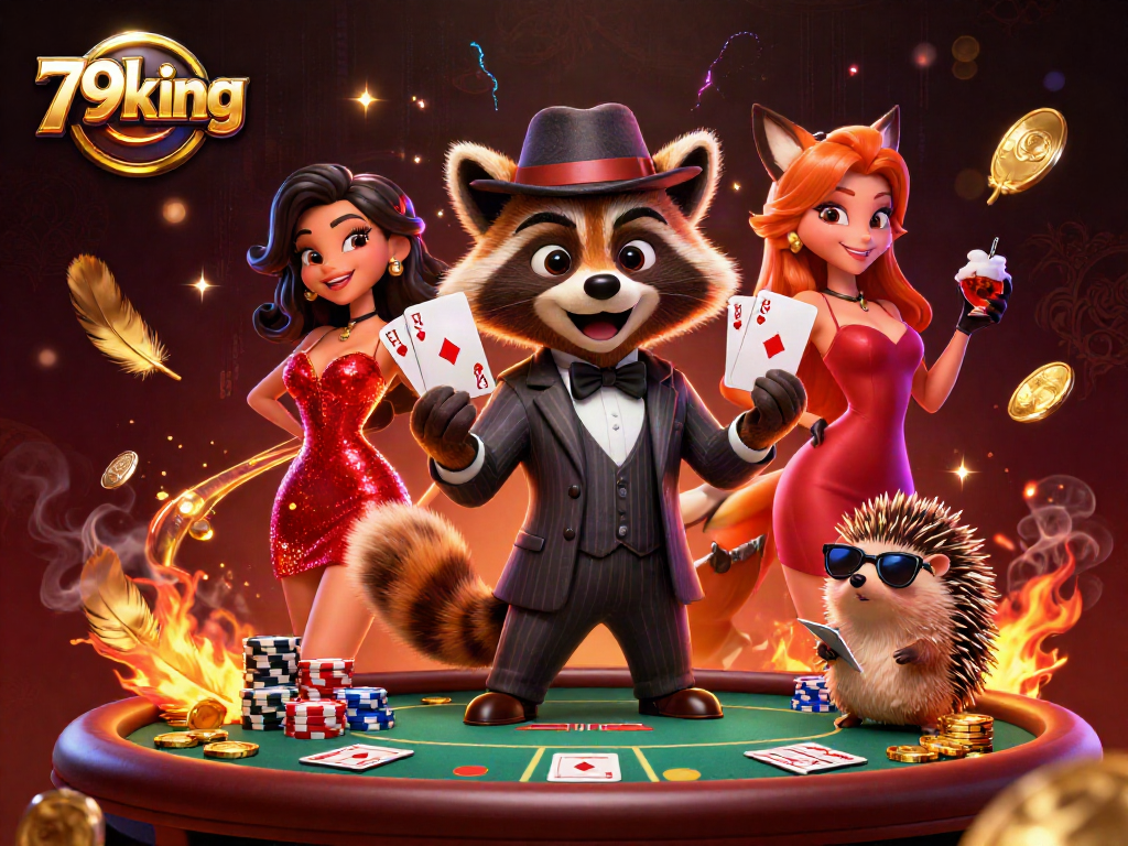 Engage in thrilling poker games with 79king alongside a suave raccoon, charming fox, and hedgehog in a vibrant casino scene.