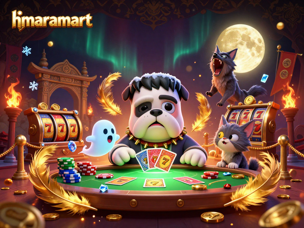 hmaramart showcases thrilling bets with a fun 3D dog dealer in a lively casino scene.