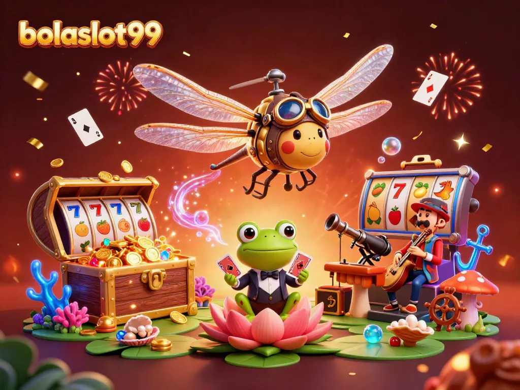 Bolaslot99 showcases a vibrant 3D casino scene with a dragonfly pilot and a frog croupier.