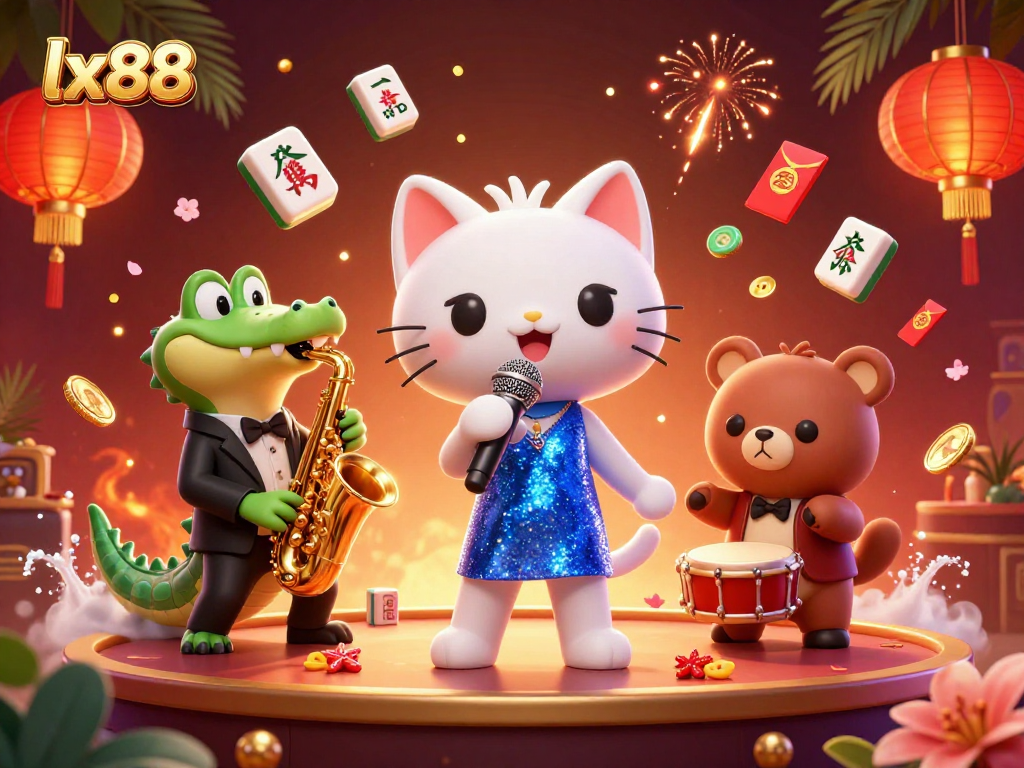 Join the excitement at lx88 with a vibrant 3D casino illustration featuring a jazz-singer cat, saxoplayer crocodile, and drum bear, amid festive game elements.