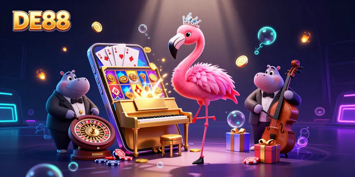Spin and win at DE88 with vibrant slots, flamingo singer, and hippo bassist in a lively casino scene.