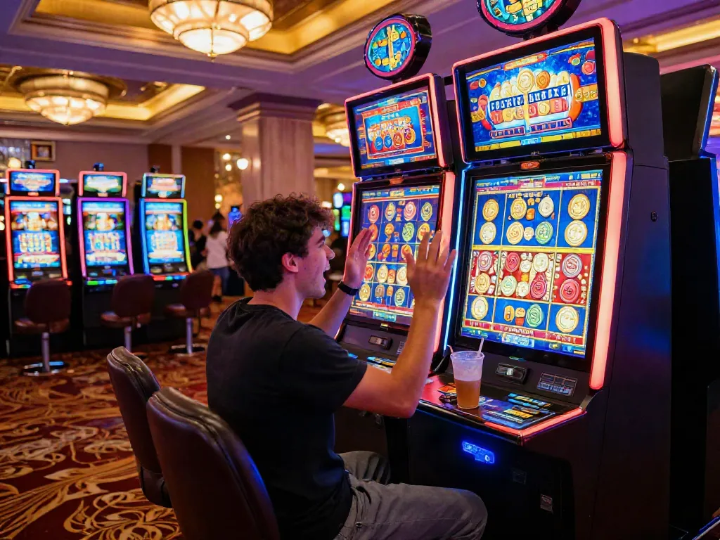 Lucky777 player celebrating a win at a vibrant slot machine in a lively casino atmosphere.