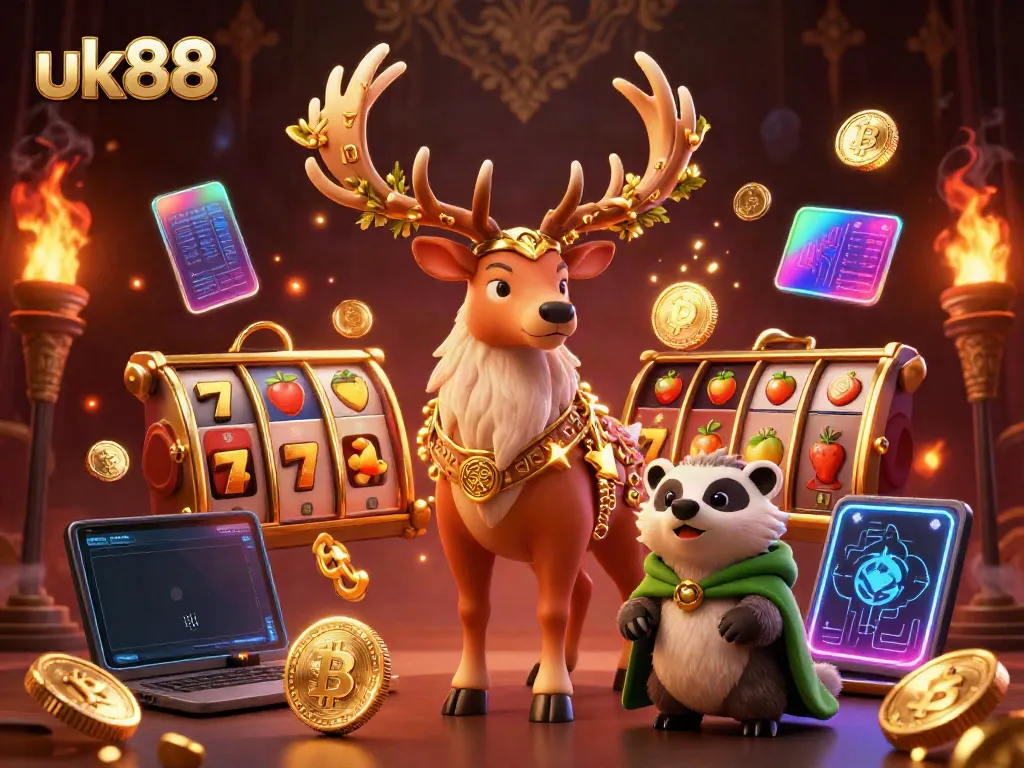 Experience the excitement of uk88 with a mystical 3D casino scene featuring dynamic characters and vibrant slot elements.