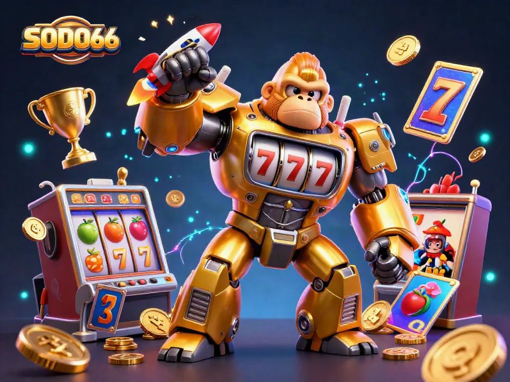 SODO66 gaming experience with a dynamic golden gorilla mech and casino elements exploding in action.