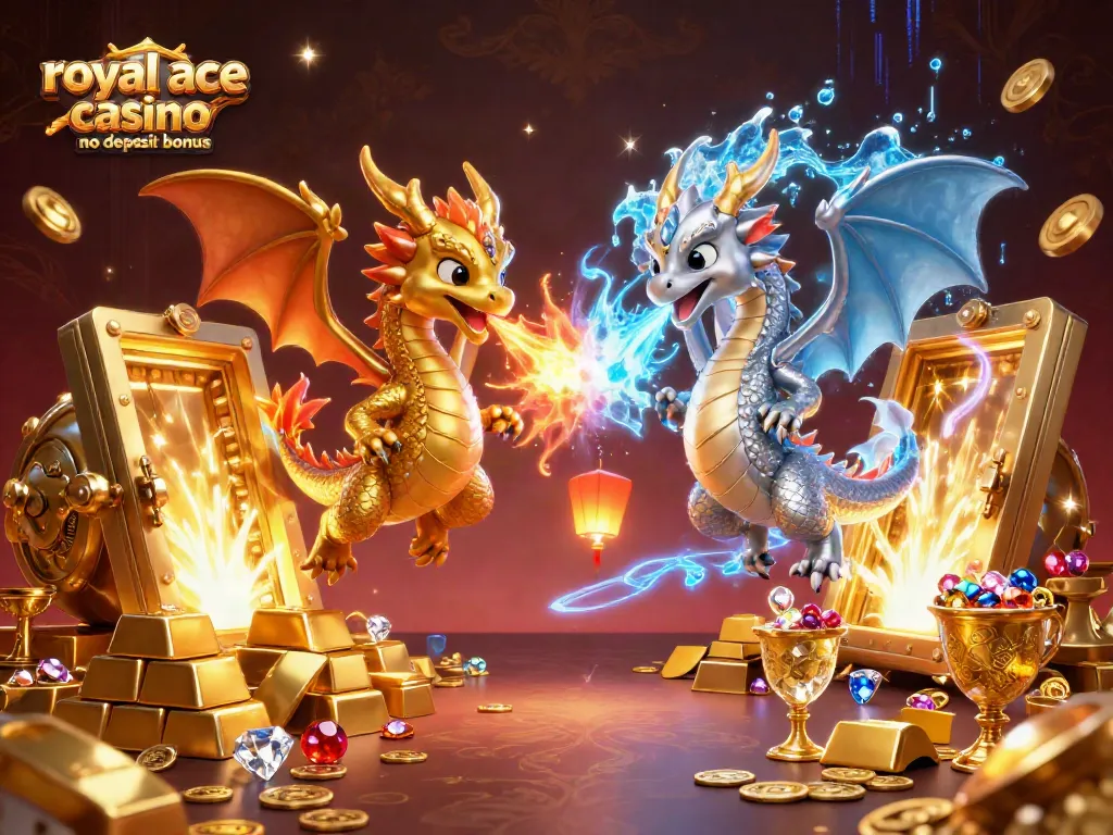 Experience winning with the royal ace casino no deposit bonus illustrated through dynamic dragons and treasure elements.