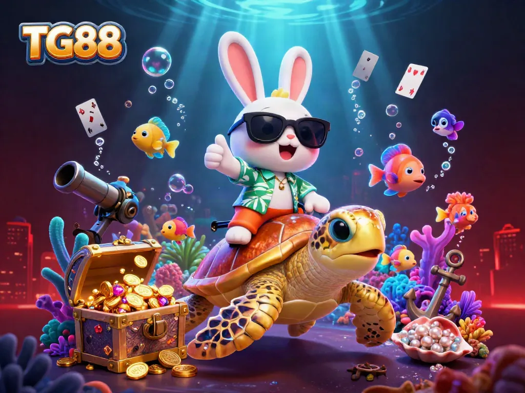 Experience exciting gameplay at TG88 with a lucky rabbit and a sea turtle among vibrant underwater treasures.
