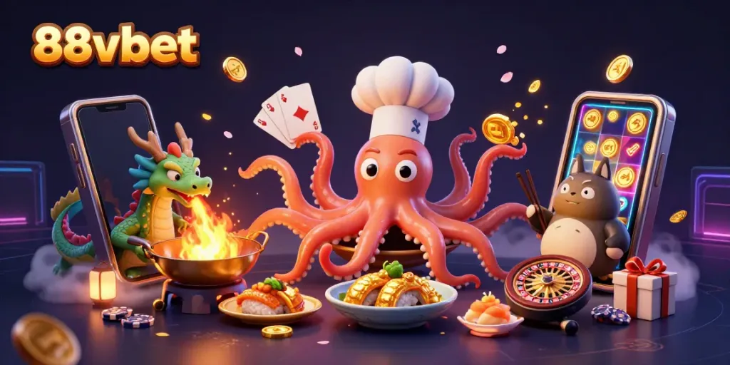 88vbet cartoon illustration showing a dynamic casino scene with an octopus chef, dragon, and tanuki amidst gaming elements.