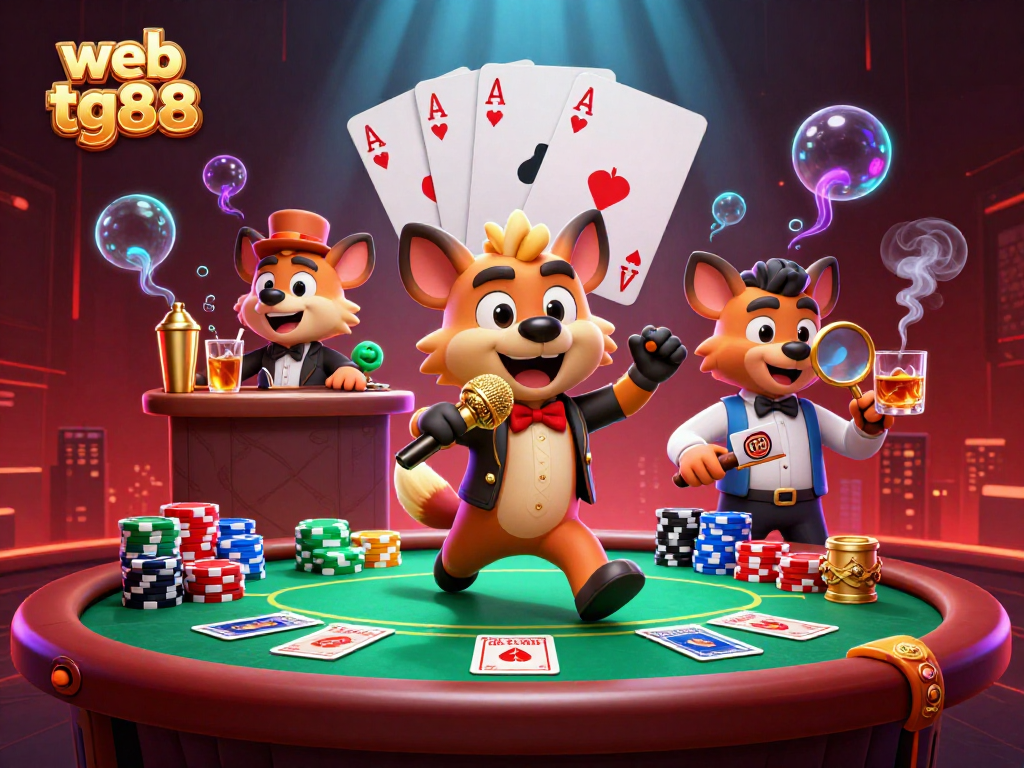Engaging scene at web tg88 featuring lively hyenas in a casino setting with poker elements.
