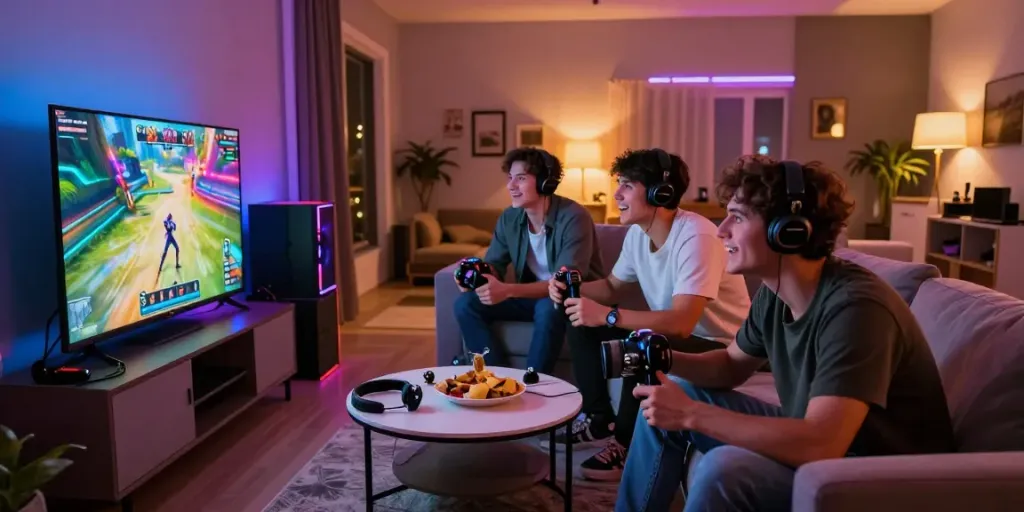 Menang66 - Pengalaman bermain game online yang seru dengan teman di ruang tamu modern.