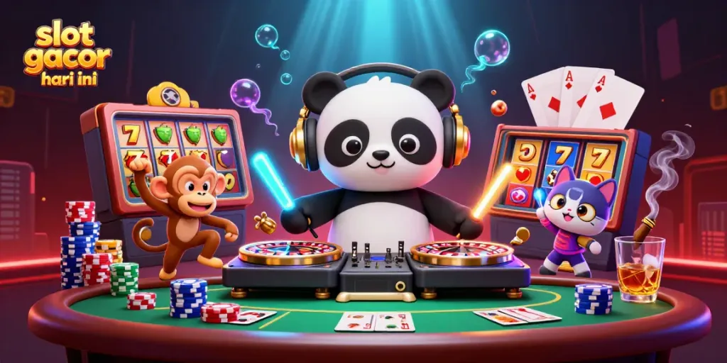 Slot gacor hari ini menampilkan panda DJ, monyet menari, dan kucing di pesta kasino.