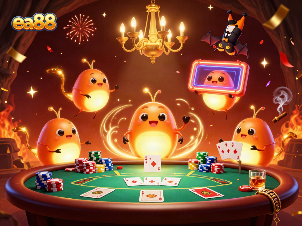 ea88 illuminates a vibrant cave casino with glowworms, decks of cards, and lively poker action.