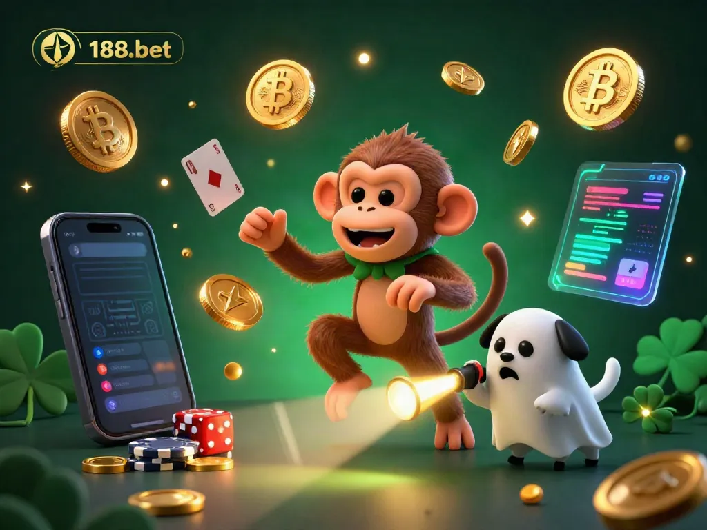 Experience the excitement of 188-bet with a ghost-hunter puppy tracking a playful monkey in a vibrant casino.