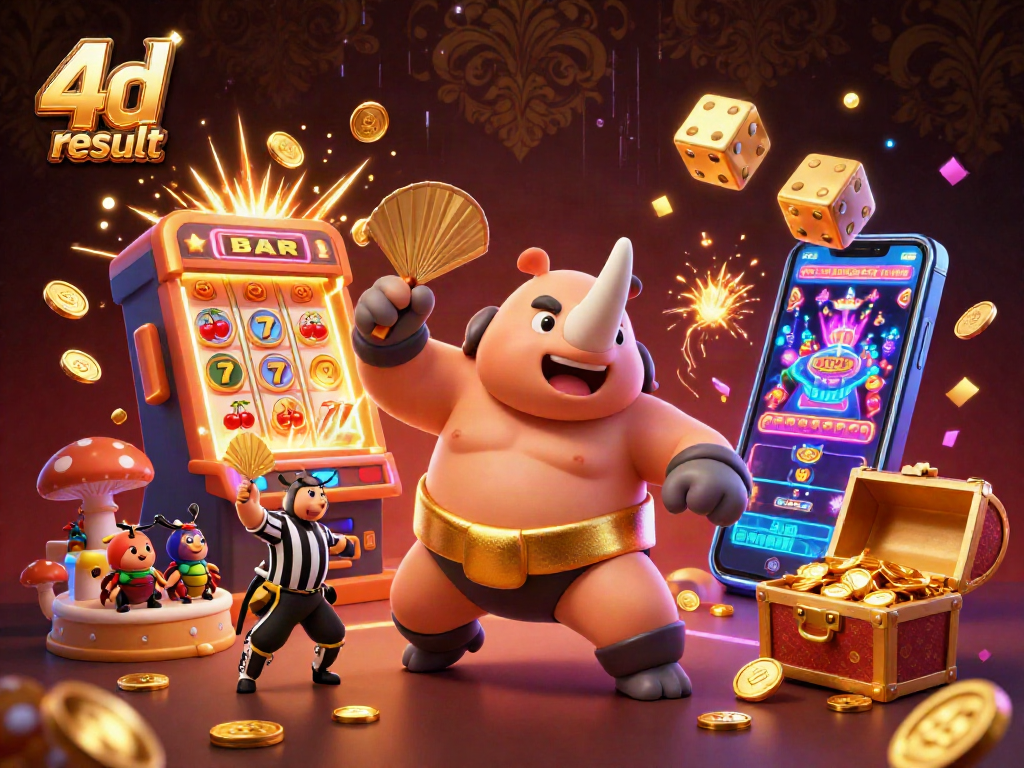 Experience the excitement of 4d result with a dynamic casino-themed scene bursting with action.