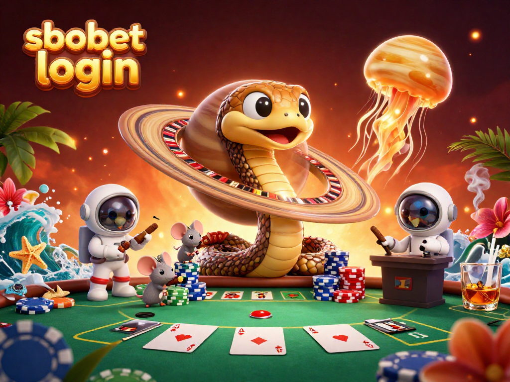 Engage in sbobet login with a dynamic cosmic betting scene featuring cartoon elements and vibrant casino details.