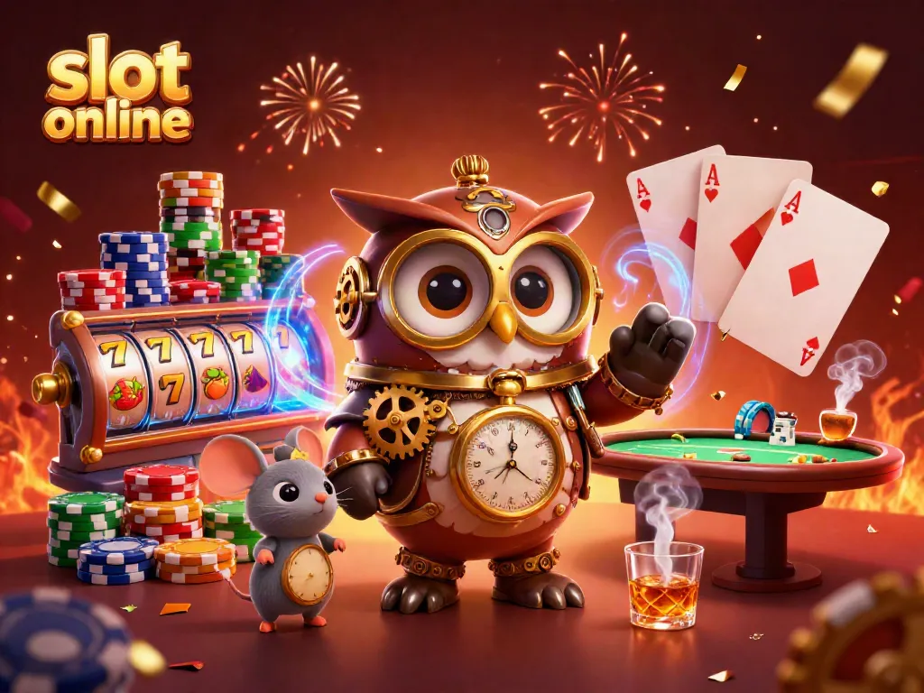 Experience the excitement of slot online with a steampunk owl and slot reels in a vibrant casino scene.