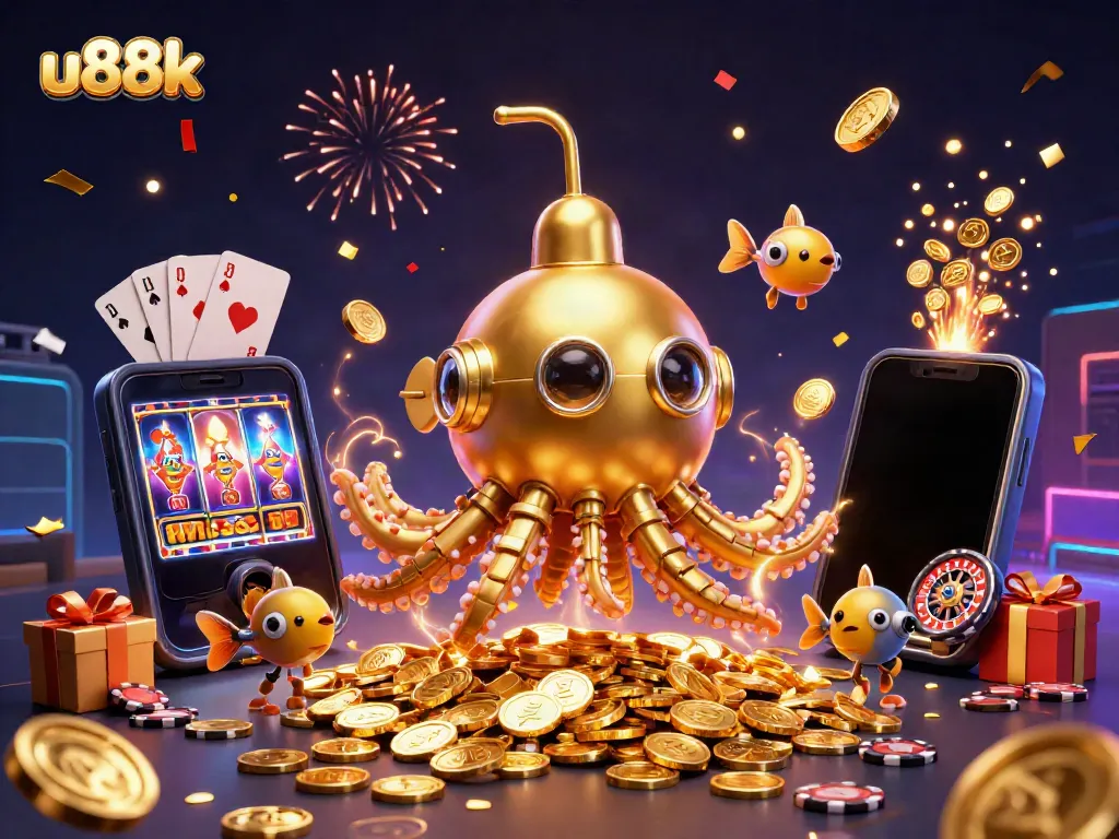Experience the excitement of u88k with a vibrant 3D casino scene featuring a kraken submarine and slot games.