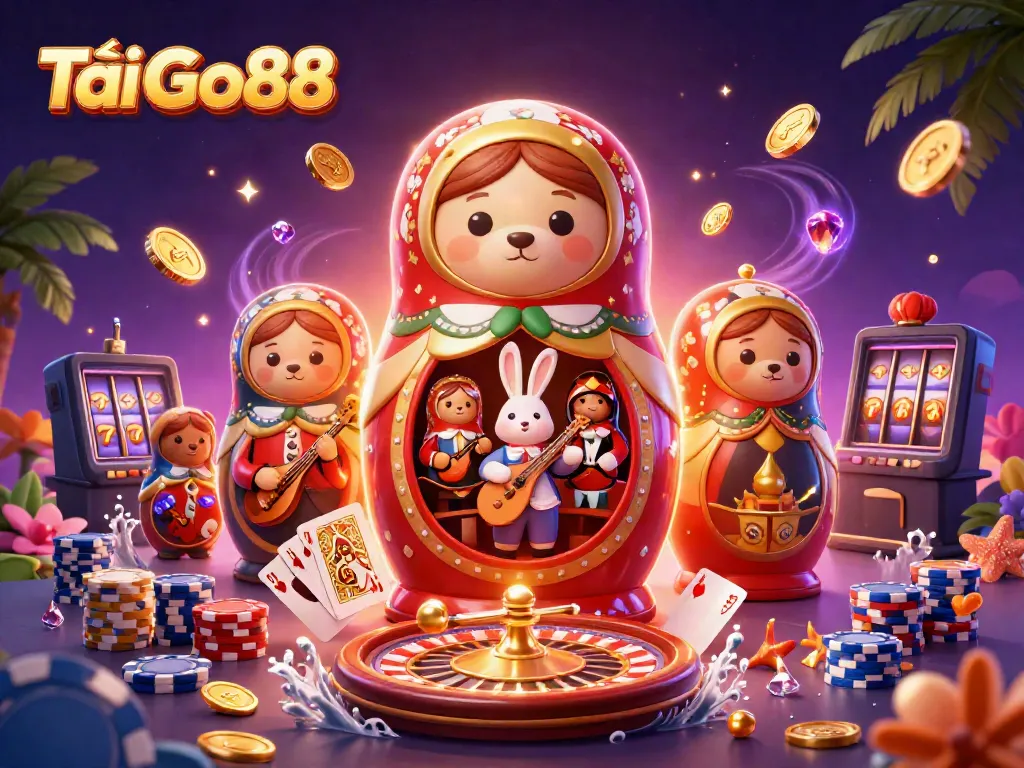 Play exciting casino games with Tải Go88, featuring vibrant illustrations of characters and game elements.