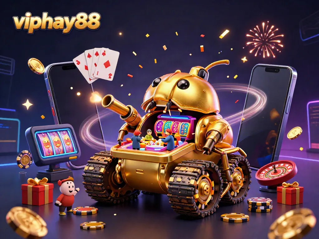 Join the fun at viphay88 with a vibrant scene of a miniature casino within a golden beetle tank surrounded by gaming elements.