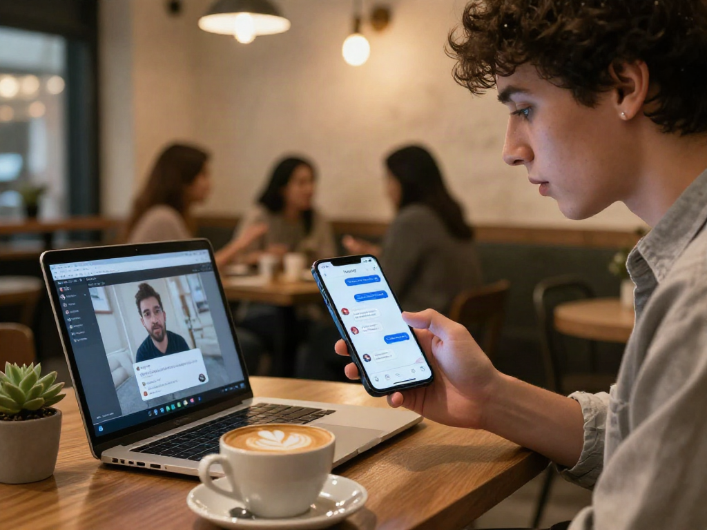 Engaging scene of a person using a sex AI chat app in a cozy cafe, focused on modern social interactions.