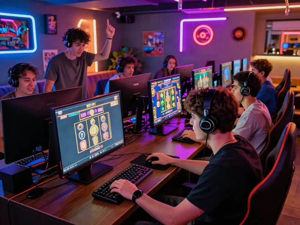 A vibrant gaming scene with players joyfully engaging in akunjp online slot gaming, filled with neon lights and gaming gear.