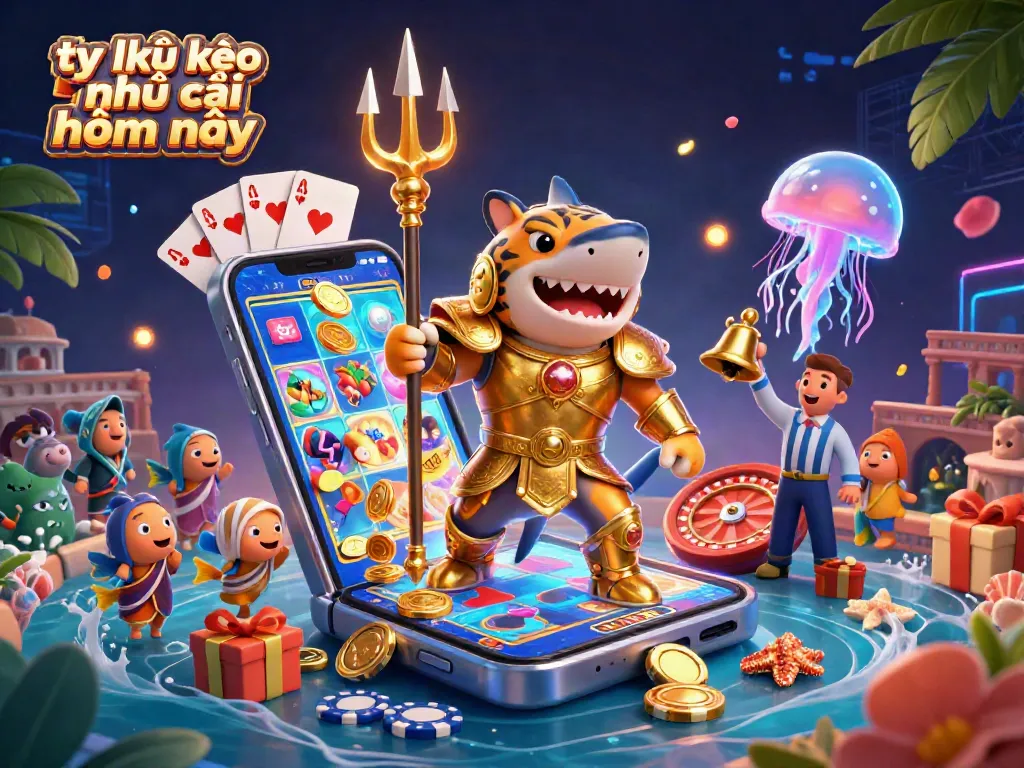 Engage with tỷ lệ kèo nhà cái hôm nay through a vibrant underwater casino scene featuring a fierce shark and enticing game elements.