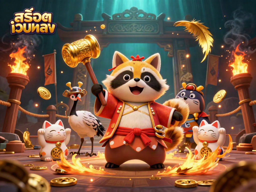 Engage with สล็อตเว็บตรง through this vibrant 3D scene featuring lucky symbols and casino excitement.