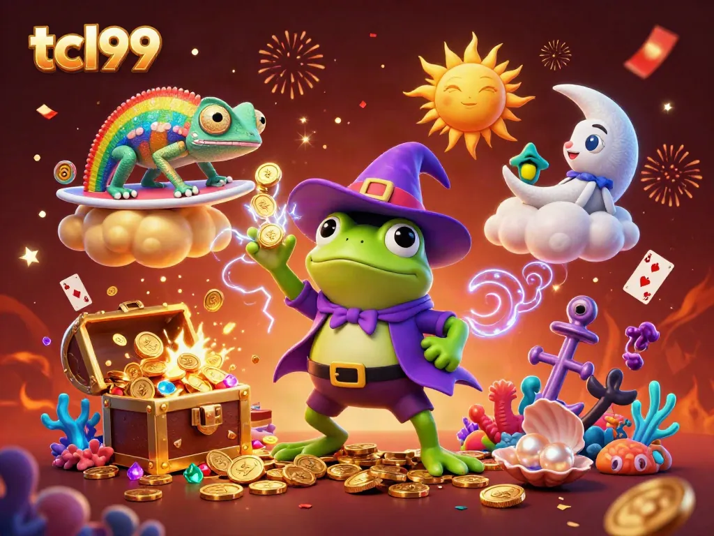 Experience thrilling gameplay at tcl99 as a weather wizard frog conjures coins in a vibrant casino scene.