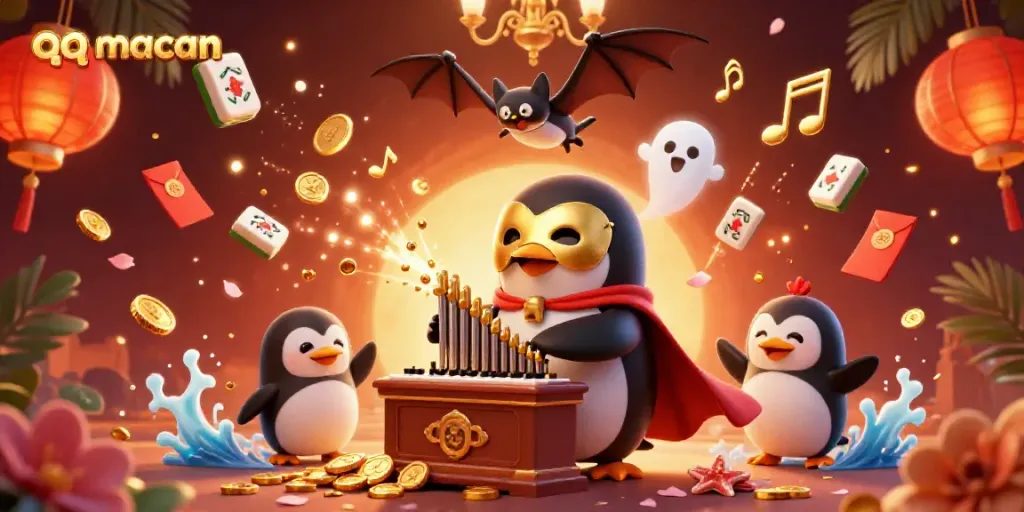 Experience excitement playing qq macan as a phantom opera penguin entertains with golden coins.