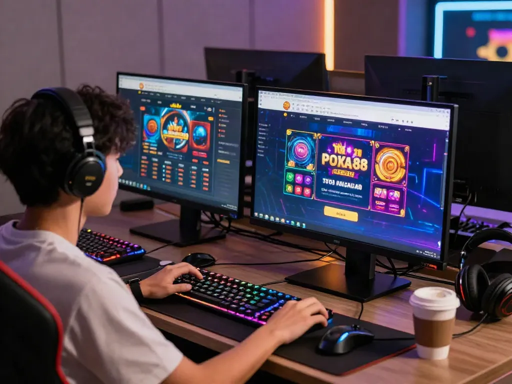 Player engaged in POKA88 link login at modern gaming workstation with vibrant visuals and accessories.