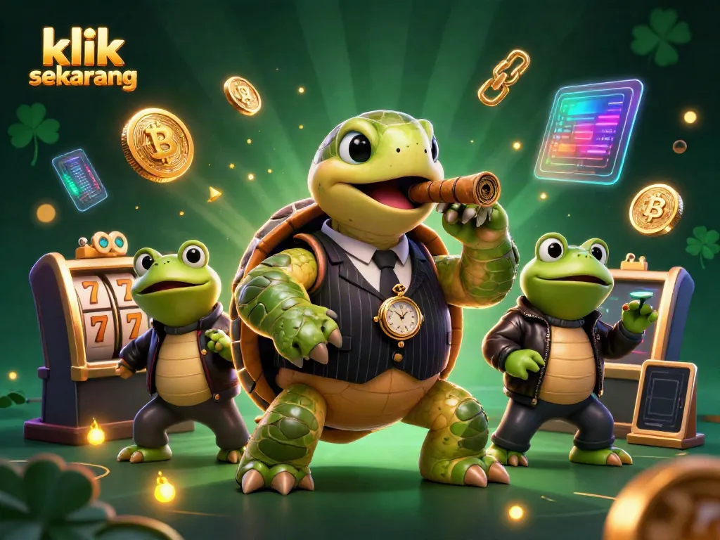 Menangkan peluang di kasino dengan klik sekarang, karakter kartun 3D dalam suasana perjudian yang ceria.